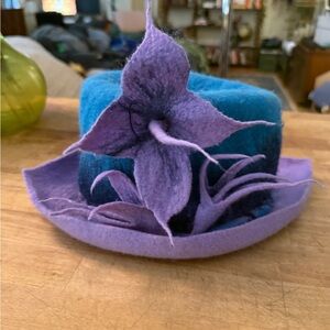 Purple and Blue Felt Hat with Floral Accent